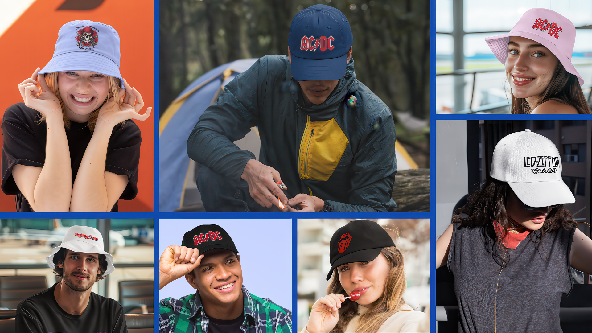 Collage of people wearing different hats with various designs and colors.