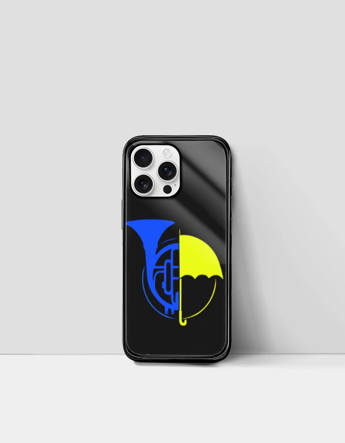 HIMYM Destiny Symbols iPhone back cover by PopCrate – glossy glass yellow umbrella blue French horn collage, ₹399