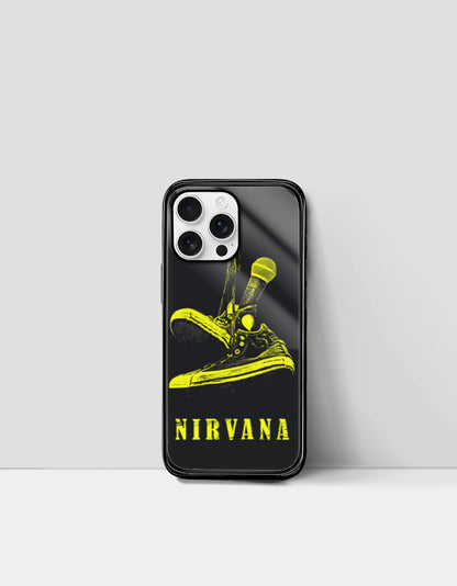 Nirvana iPhone Back Cover by PopCrate – Glossy Tempered Glass, TPU Edges, Stylish and Protective Design, Wireless Charging Compatible, Starting from ₹399