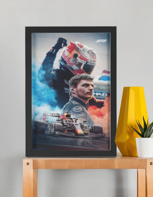 F1 Max V framed poster by PopCrate – 2mm glossy board, 1″ shadow frame, Max Verstappen corner domination wall art under ₹1000