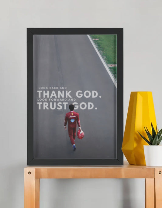 F1 Faith in Every Step framed poster by PopCrate – 2mm glossy board, 1″ shadow frame, late-braking commitment racing wall art under ₹1000