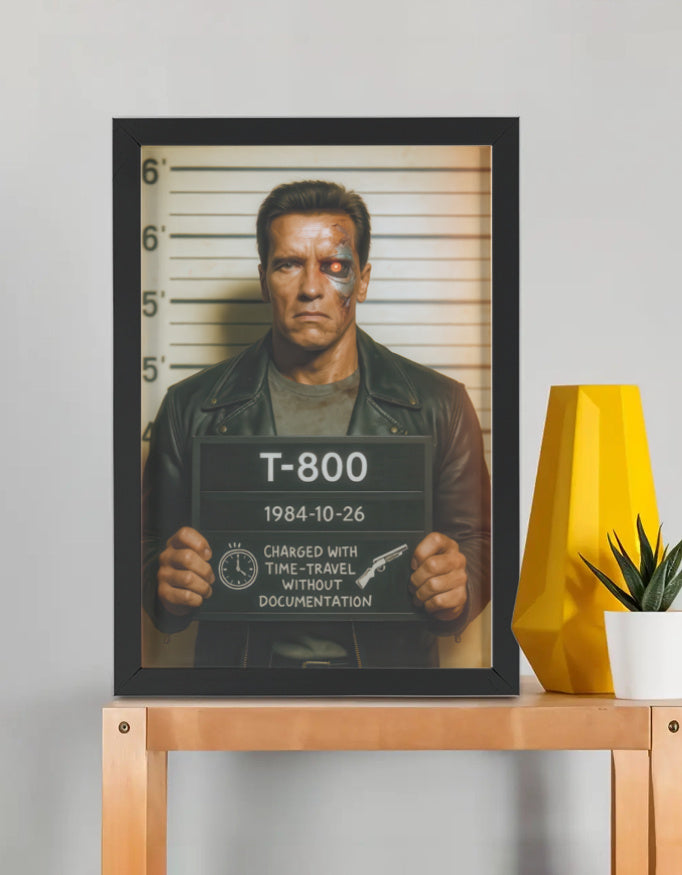 Terminator Mugshot framed poster by PopCrate – 2mm glossy board, 1″ frame, hyper-res print. Sci-fi apocalypse style for Terminator fans. Under ₹1000