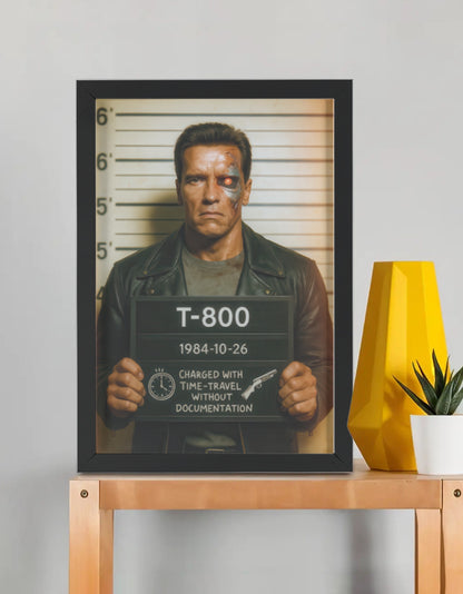 Terminator Mugshot framed poster by PopCrate – 2mm glossy board, 1″ frame, hyper-res print. Sci-fi apocalypse style for Terminator fans. Under ₹1000
