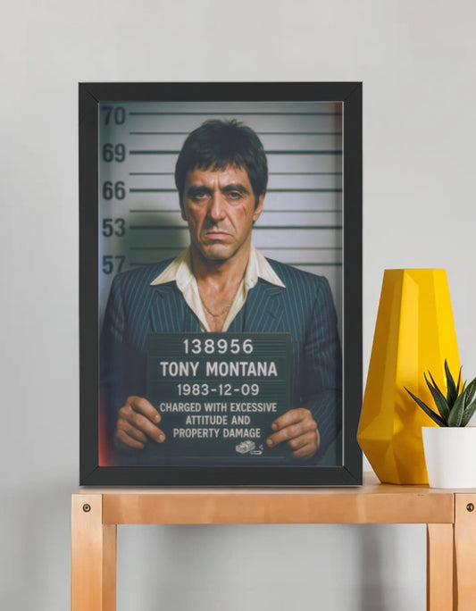 Scarface Mugshot framed poster by PopCrate – 2mm glossy board, 1″ frame, crisp-res print. Gangster crime lord style for Scarface fans. Under ₹1000