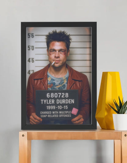 Fight Club Tyler Durden mugshot framed poster by PopCrate – 2mm glossy board, 1″ frame, raw-res print. Cult film rebel style for Fight Club fans. Under ₹1000
