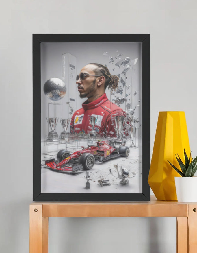 Lewis Hamilton framed poster by PopCrate – 2mm glossy board, 1″ frame, elite-res print. F1 world champ style for racing fans. Under ₹1000