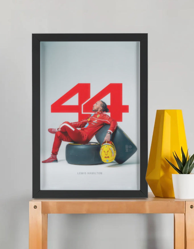 Lewis Hamilton 44 framed poster by PopCrate – 2mm glossy board, 1″ frame, sharp-res print. F1 record-breaker style for racing fans. Under ₹1000