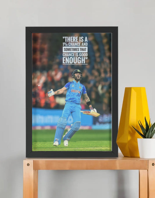 Virat Kohli Taking Chance framed poster by PopCrate – 2mm glossy board, 1″ shadow frame, fearless risk cricket wall art under ₹1000