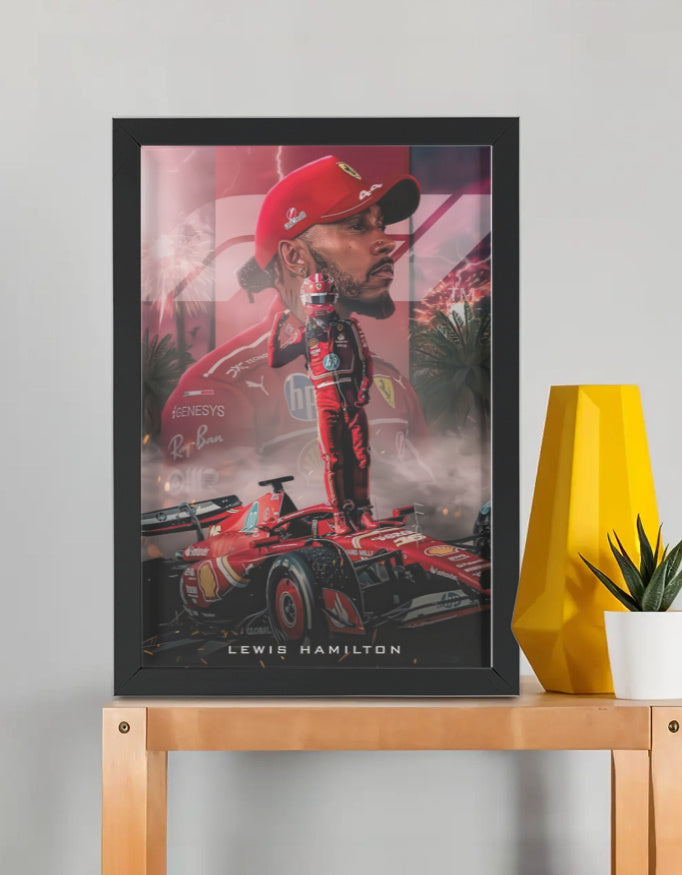 Lewis Hamilton Ferrari framed poster by PopCrate – 2mm glossy board, 1″ frame, vivid-res print. F1 champ scarlet style for racing fans. Under ₹1000