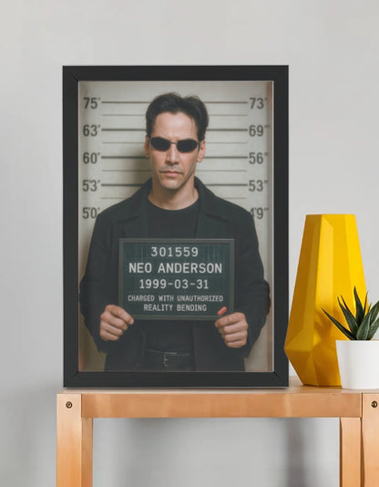 The Matrix Neo Mugshot framed poster by PopCrate – 2mm glossy board, 1″ frame, high-res print. Sci-fi hacker style for Matrix fans. Under ₹1000.