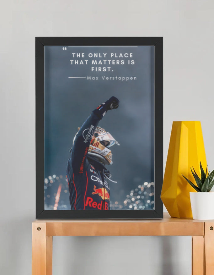 Shop Max Verstappen F1 Aim framed poster by PopCrate – 2mm glossy board, 1″ frame. Red Bull Dutch ace laser focus at under ₹1000 + free shipping!