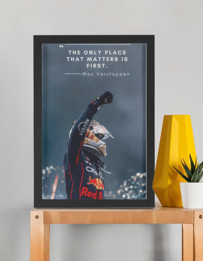 Shop Max Verstappen F1 Aim framed poster by PopCrate – 2mm glossy board, 1″ frame. Red Bull Dutch ace laser focus at under ₹1000 + free shipping!