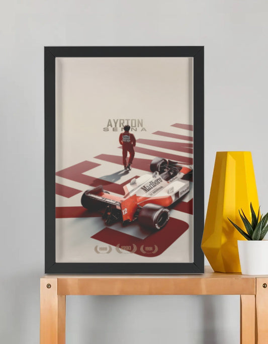 F1 Ayrton Senna framed poster by PopCrate – 2mm glossy board, 1″ shadow frame, legendary yellow helmet racing wall art under ₹1000