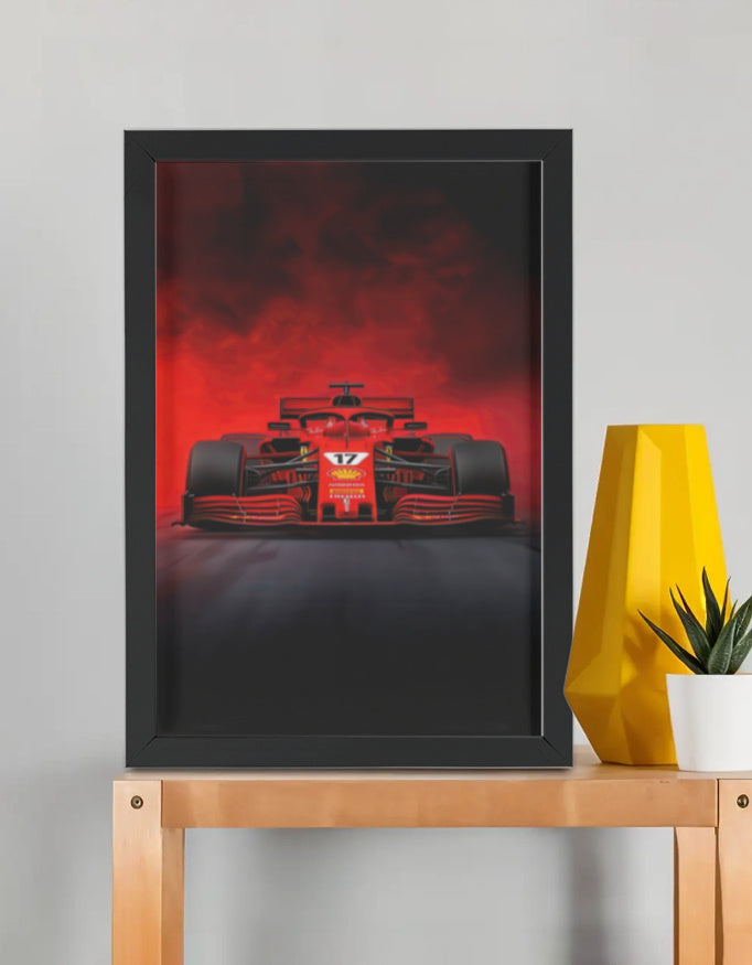 Ferrari F1 framed poster by PopCrate – 2mm glossy board, 1″ frame, dynamic-res print. Scuderia racing legacy style for F1 fans. Under ₹1000