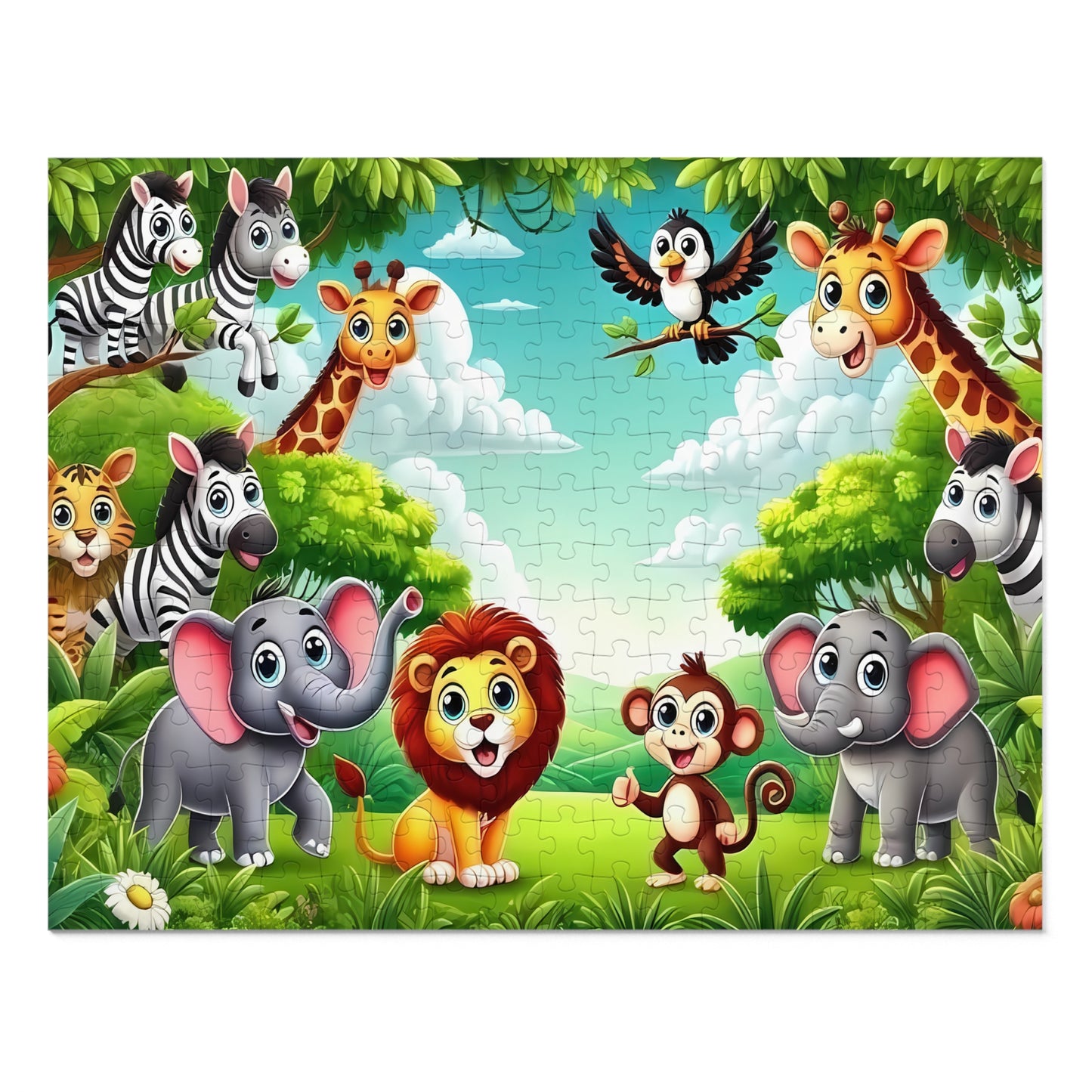Cartoon animal characters in a jungle setting on a puzzle packaging