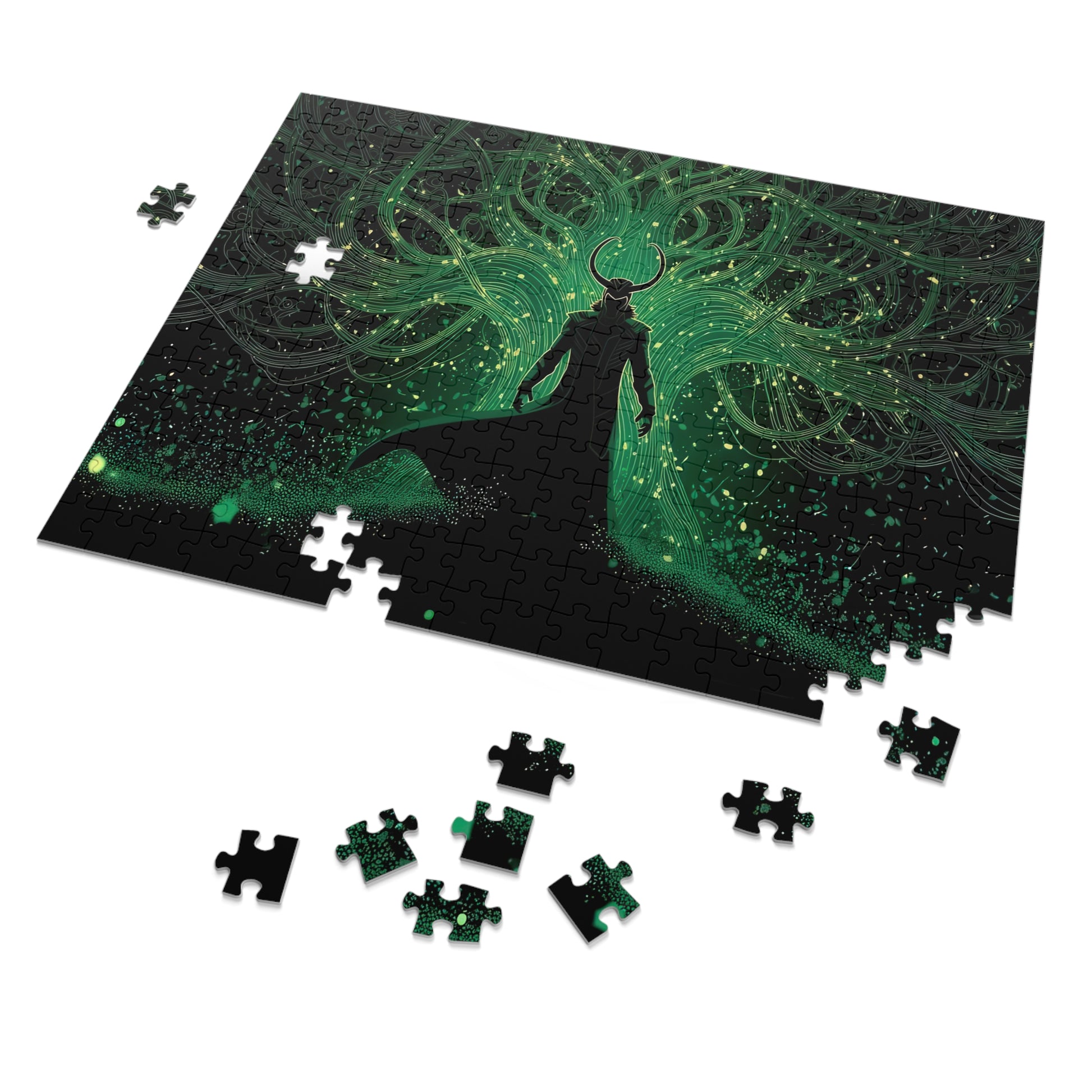 Loki jigsaw puzzle featuring the God of Mischief with iconic horns and intense expression, 120-piece puzzle by PopCrate