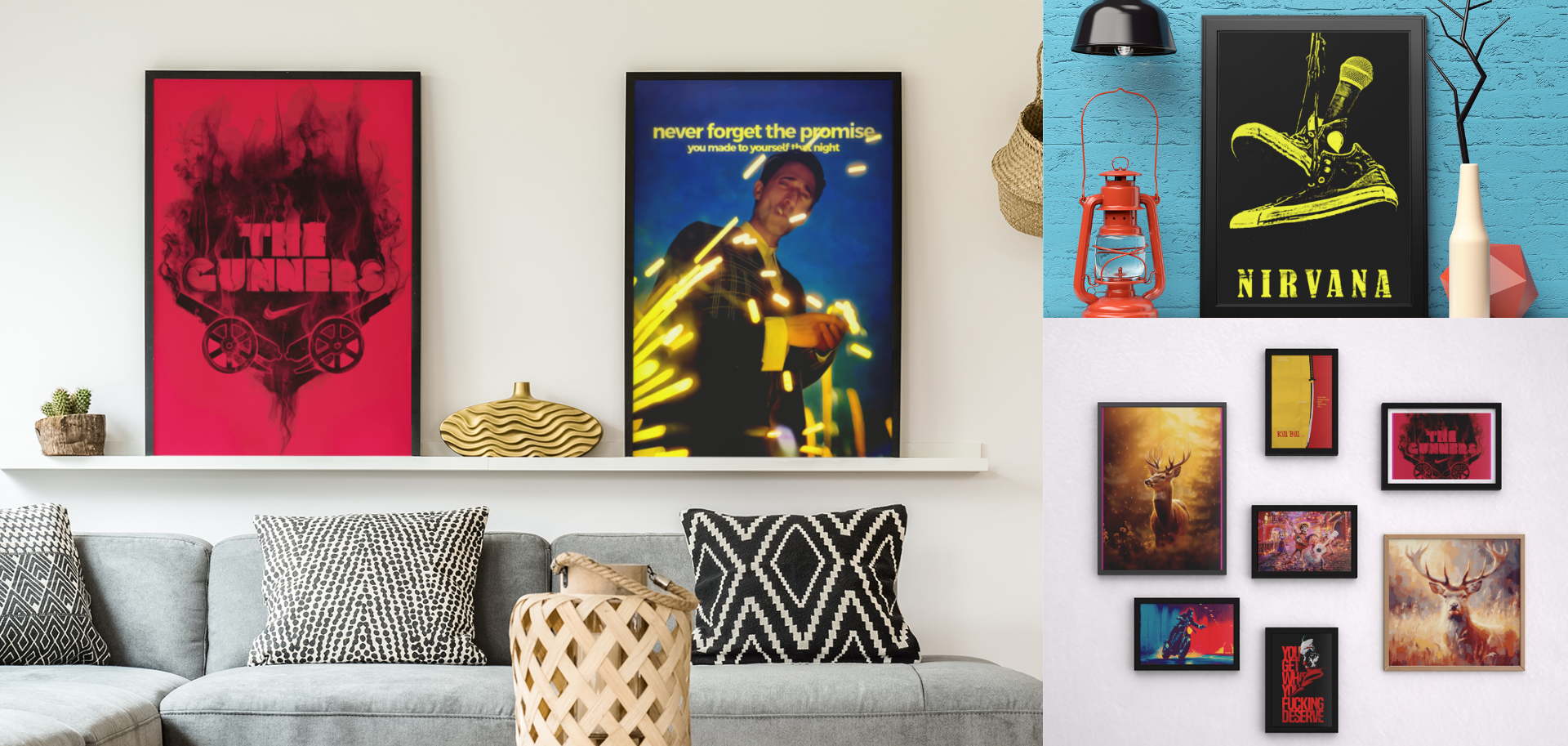 Living room with colorful posters on a white wall and a blue wall with framed pictures.