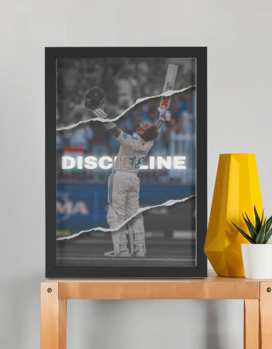 Virat Kohli Discipline framed poster by PopCrate – 2mm glossy board, 1″ shadow frame, intense ice-cold stare wall art under ₹1000