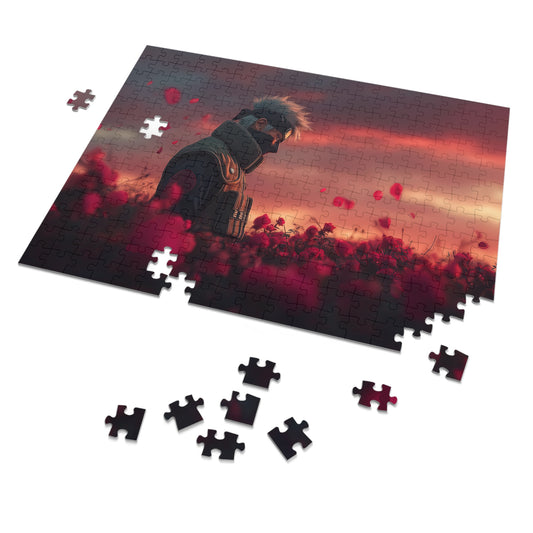 Naruto Kakashi Hatake jigsaw puzzle featuring masked ninja with Sharingan eye and headband, 120-piece anime puzzle by PopCrate