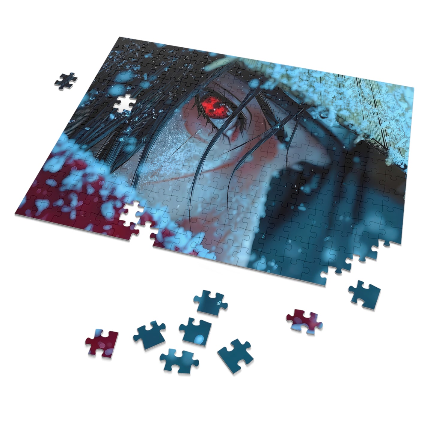 Naruto Sasuke Uchiha jigsaw puzzle featuring anime character with Sharingan eyes and lightning aura, 120-piece puzzle by PopCrate