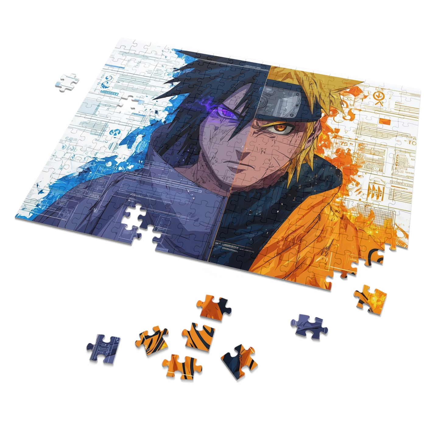 Naruto Uzumaki and Sasuke Uchiha jigsaw puzzle featuring anime rivals in intense battle pose, 120-piece puzzle by PopCrate