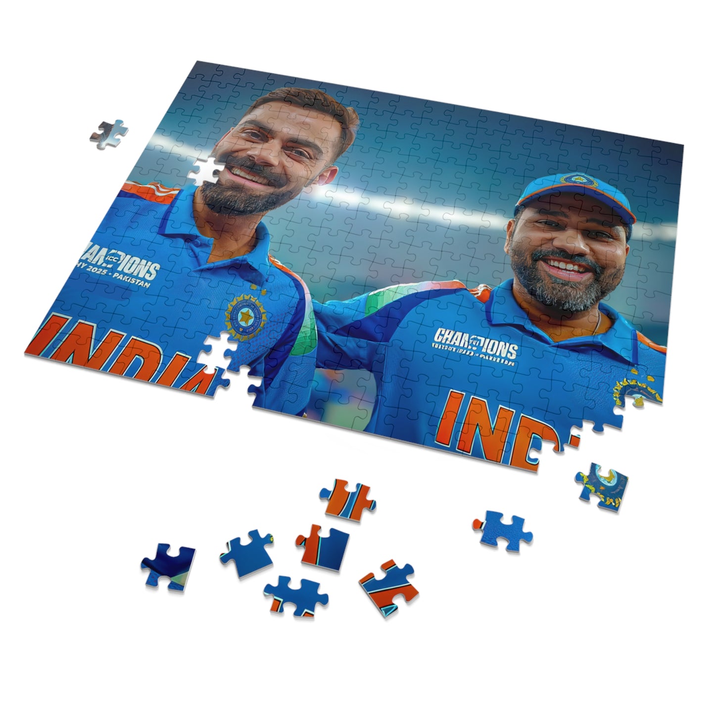 Virat Kohli and Rohit Sharma jigsaw puzzle showing both cricketers with arms around each other after winning the Champions Trophy, 120-piece puzzle by PopCrate