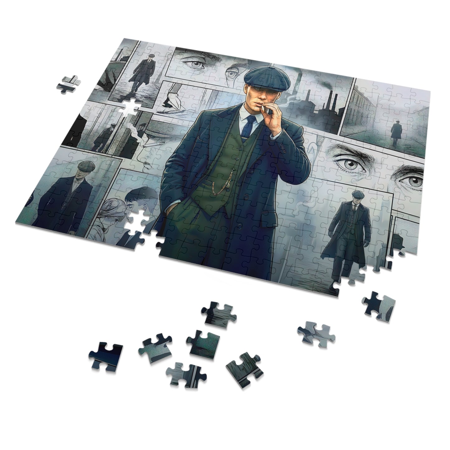 Thomas Shelby Peaky Blinders jigsaw puzzle showing a sharp-suited gangster with flat cap and intense expression, 120-piece puzzle by PopCrate