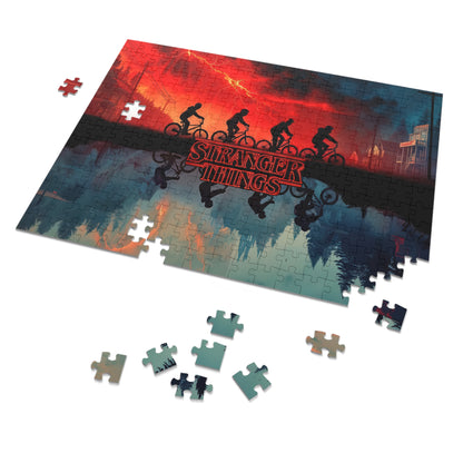 Stranger Things jigsaw puzzle featuring Hawkins characters with dark supernatural theme and Upside Down elements, 120-piece puzzle by PopCrate