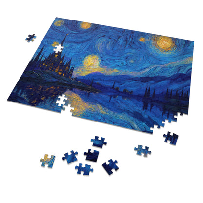 Van Gogh Starry Night jigsaw puzzle featuring swirling blue night sky with bright stars and village, 120-piece puzzle by PopCrate